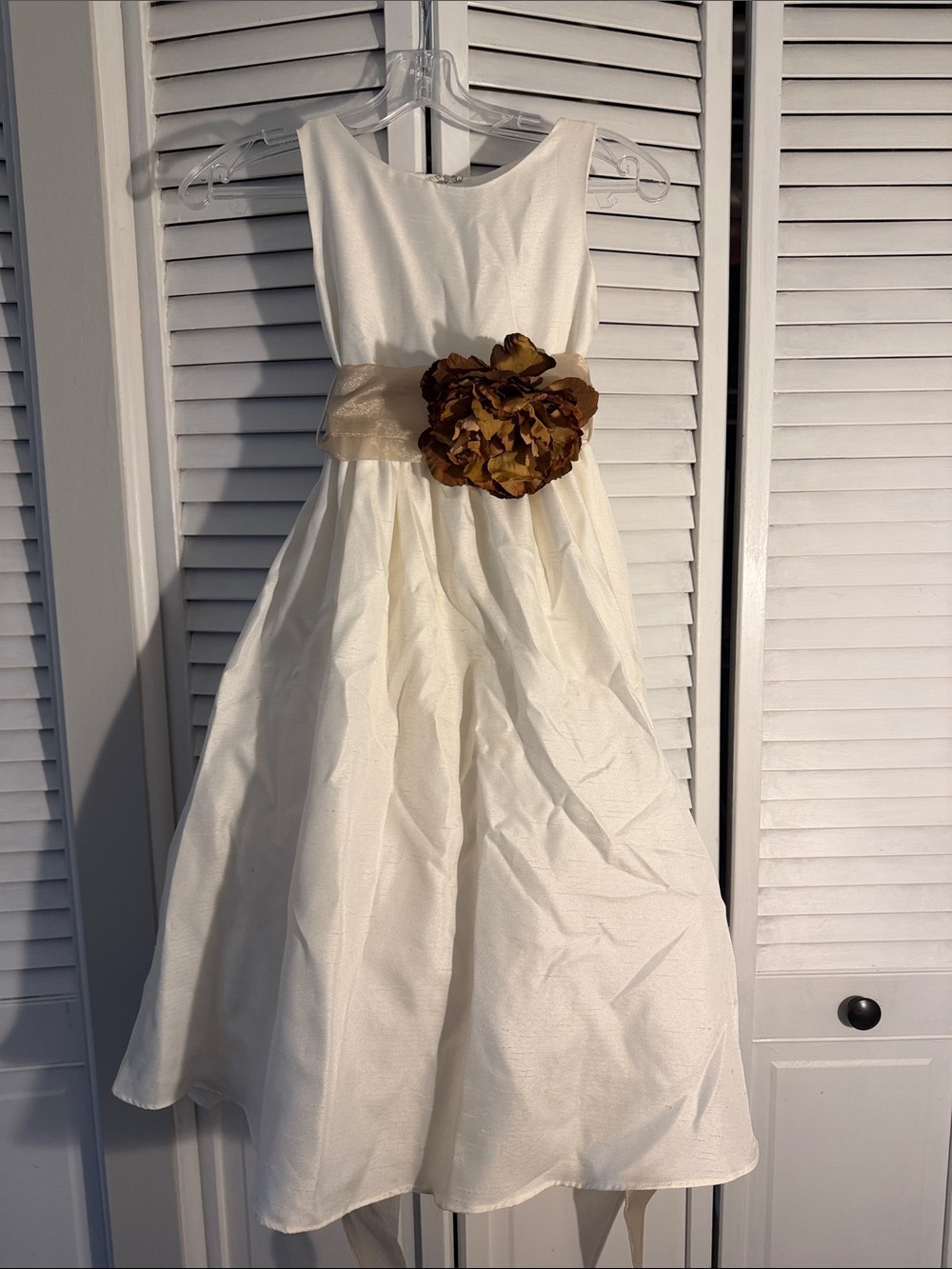 Ivory Girls' Formal Dress with Taupe Sash and Flower
